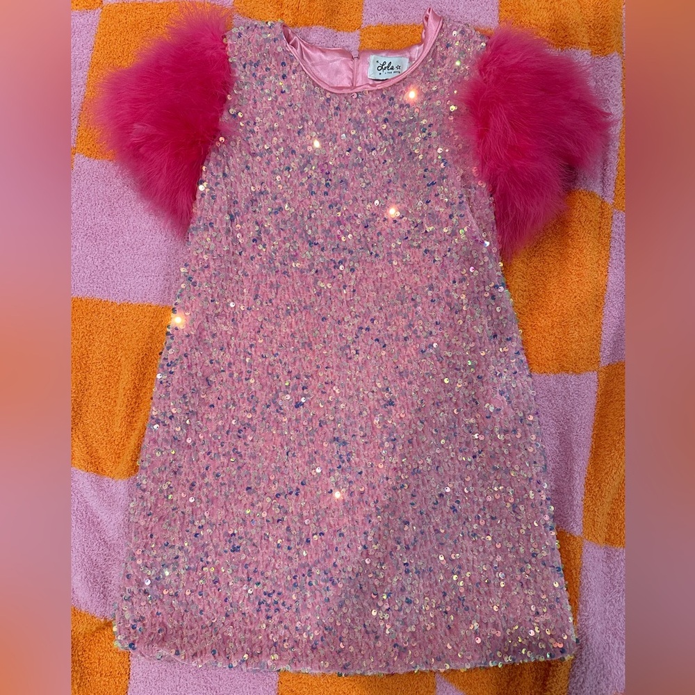 Lola and the Boys- Sparkling Pink Dress with Faux Fur Sleeves